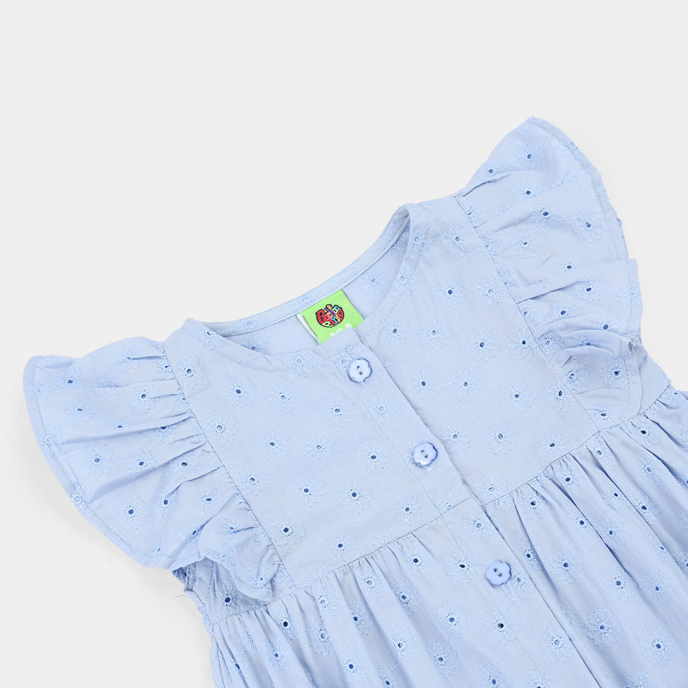 Infant Girls Chikankari Woven Romper-Bluebell-Light Blue