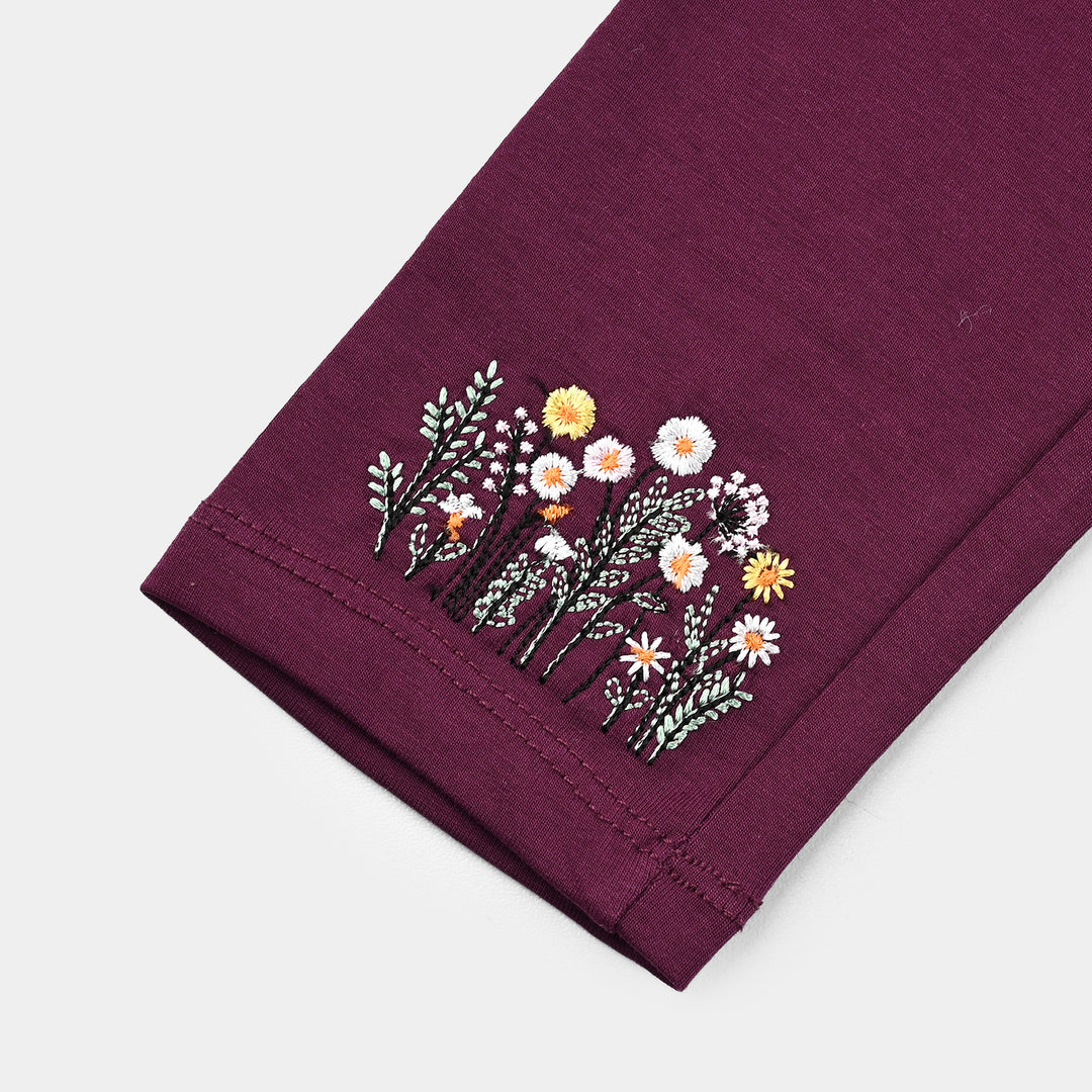 Girls Jersey/Terry Embroidered Tights - Purple/Magenta