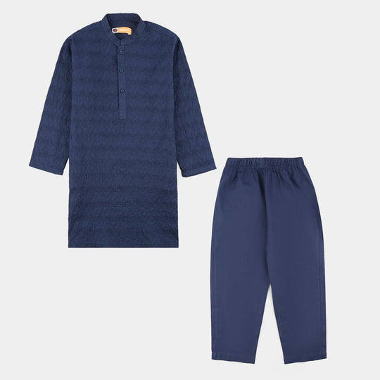 Boys Cotton Poplin Kurta Pajama (Chikankari) - Blue