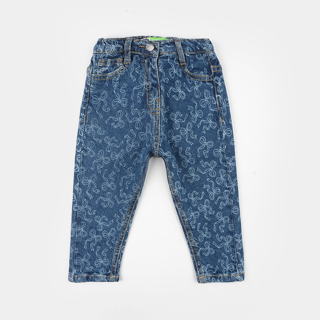 Infant Girls Denim Stretch Pants (All Over Bow) - Mid Blue