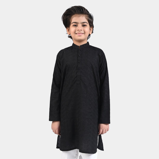 Boys Chikankari Basic Kurta-BLACK