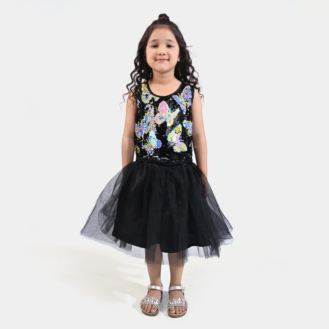 Girls Fancy Frock Sequins ButterFly-BLACK