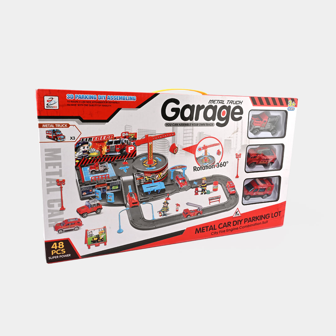 48-Piece DIY City Fire Garage Track Set – With 3 Alloy Fire Rescue Vehicles