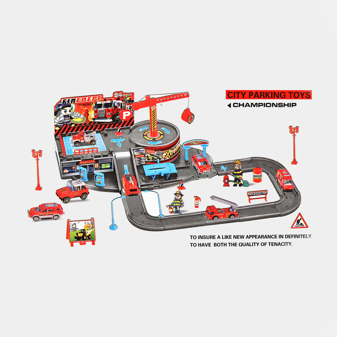 48-Piece DIY City Fire Garage Track Set – With 3 Alloy Fire Rescue Vehicles