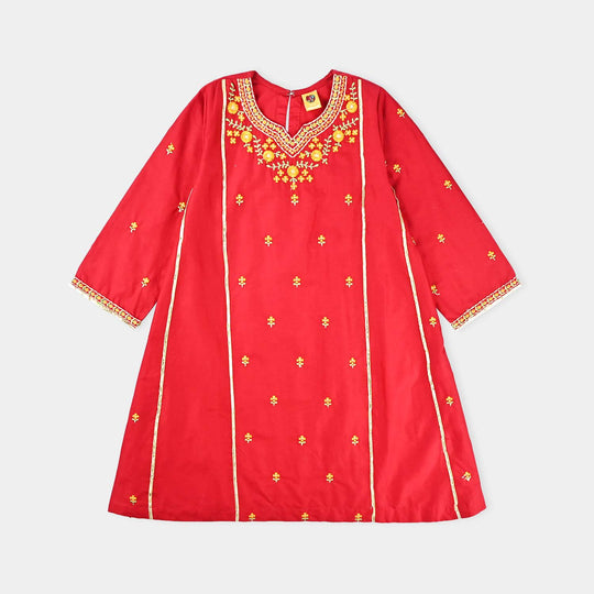Girls Cotton Poplin Embroidered 2-Piece Set (Limelight) - Maroon
