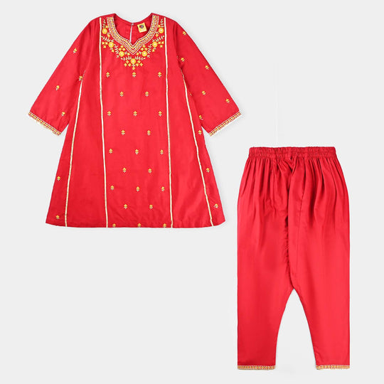 Girls Cotton Poplin Embroidered 2-Piece Set (Limelight) - Maroon