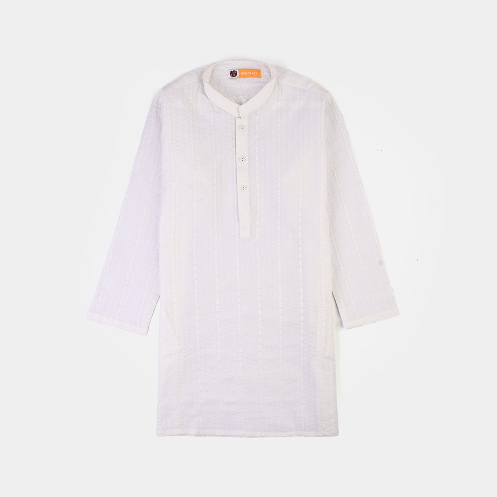 Boys Cotton Poplin 2Piece Suit (Chikankari)-WHITE