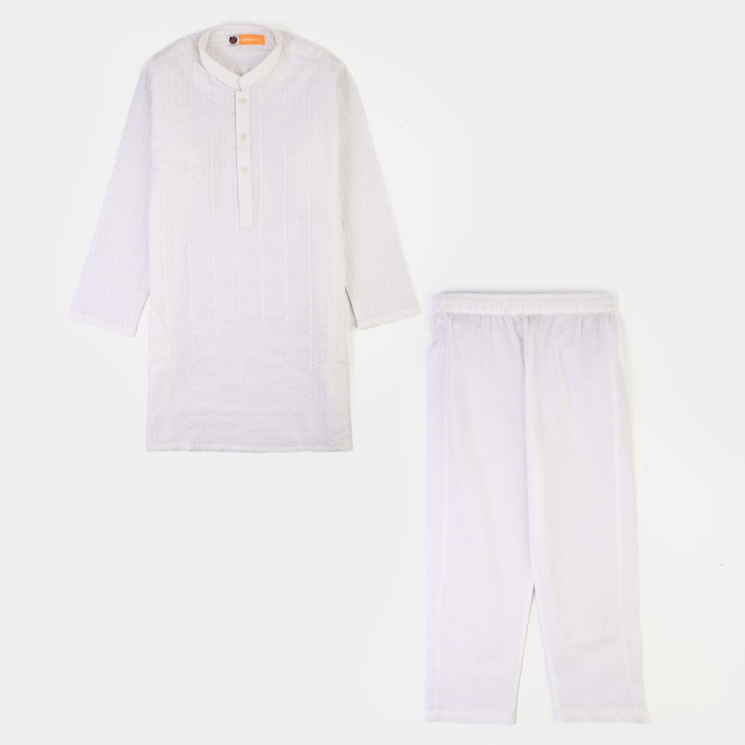 Boys Cotton Poplin 2Piece Suit (Chikankari)-WHITE