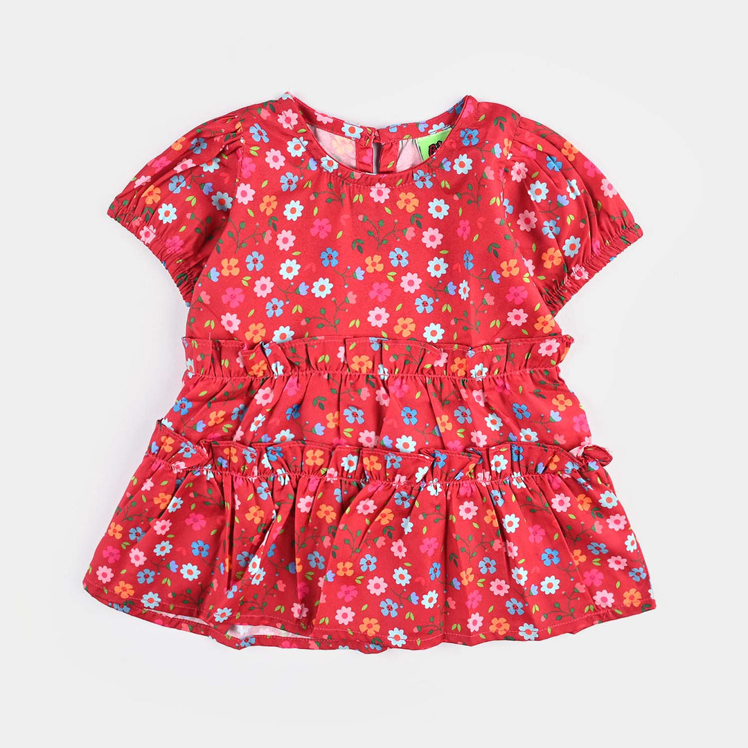 Infant Girls Raw Silk Casual Frock - Red