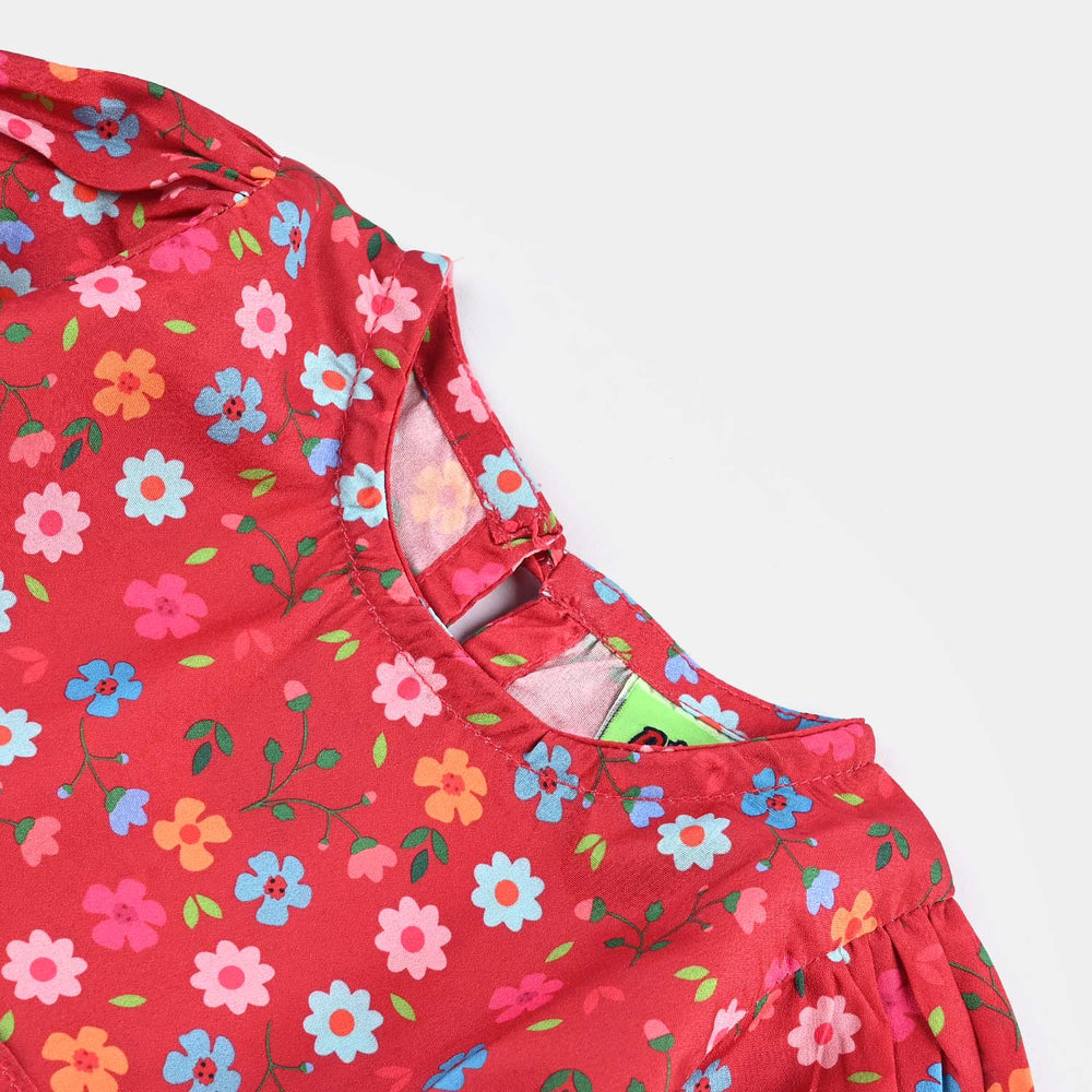 Infant Girls Raw Silk Casual Frock - Red