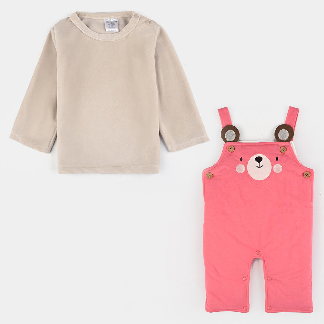 Infant Girls Cotton Interlock Suit-Pink/Beige
