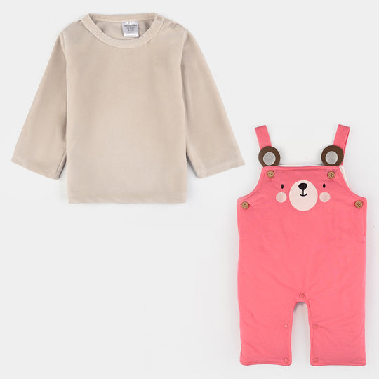 Infant Girls Cotton Interlock Suit-Pink/Beige