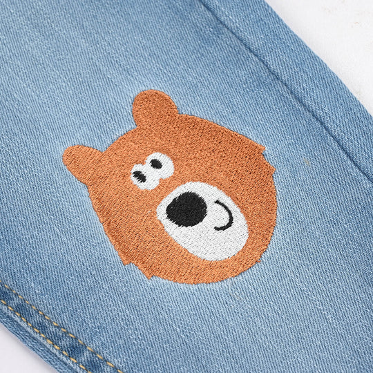 Infant Boys Denim Stretch Pants (Bear) - Light Blue