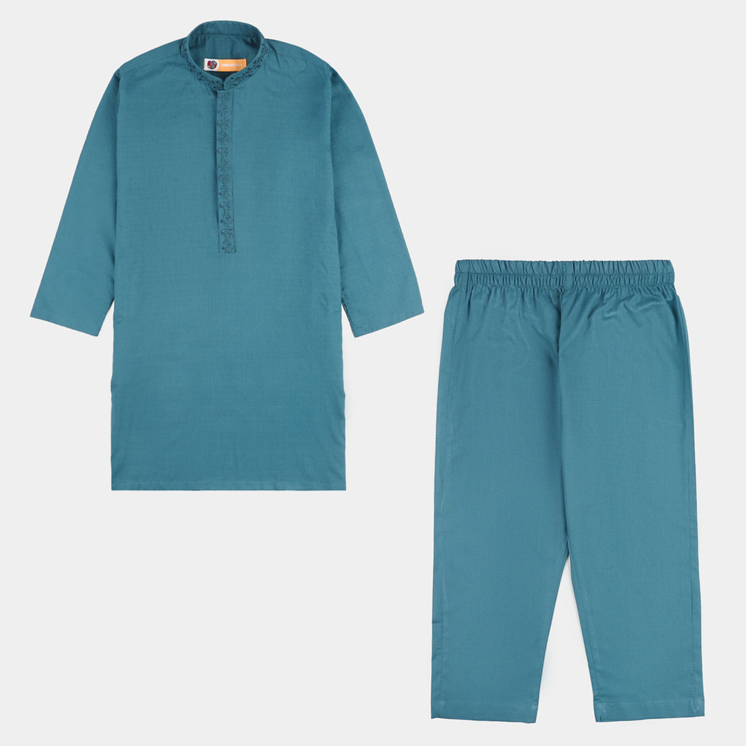 Boys Cotton Jacquard Kurta Pajama (Flora) - Teal