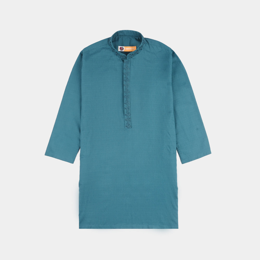 Boys Cotton Jacquard Kurta Pajama (Flora) - Teal