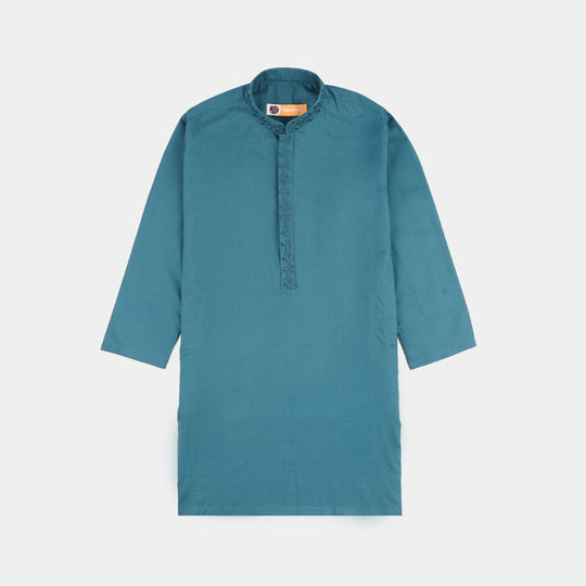 Boys Cotton Jacquard Kurta Pajama (Flora) - Teal