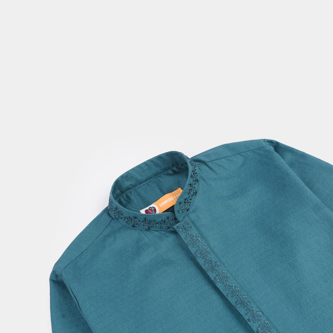 Boys Cotton Jacquard Kurta Pajama (Flora) - Teal