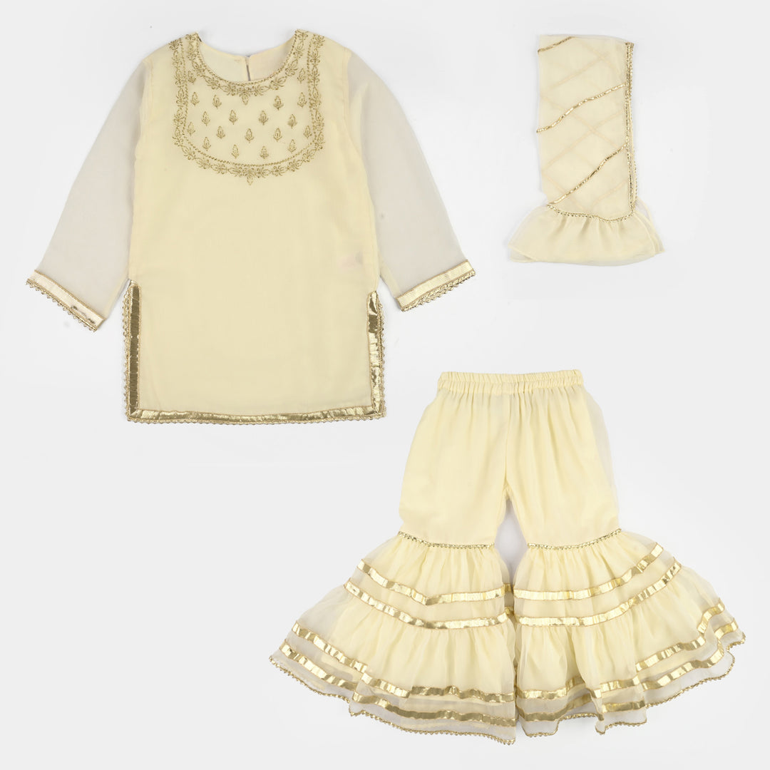 Girls Chiffon 3Pcs Set (Chamak) - Cream