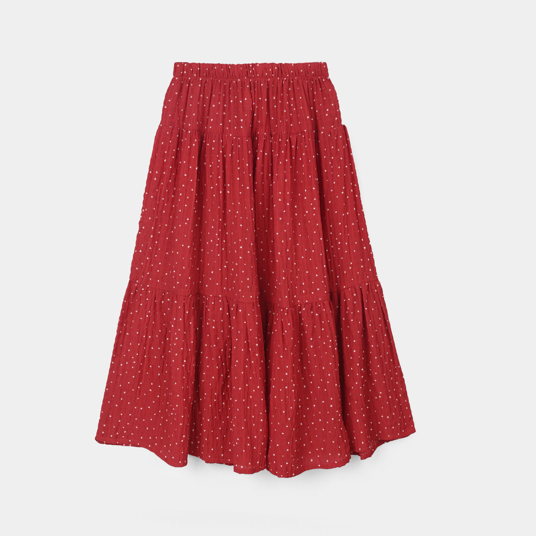 Girls Cotton Long Skirt (Heart) - Red