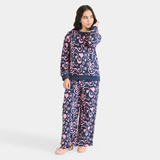 Girls Cotton Terry 2 Piece Suit Hearts) - Navy Blue