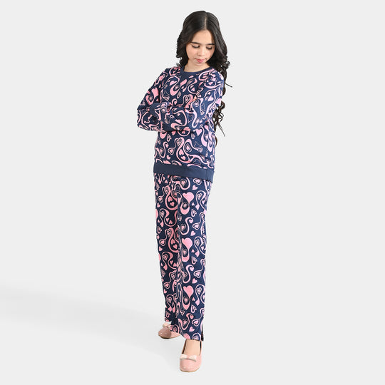 Girls Cotton Terry 2 Piece Suit Hearts) - Navy Blue