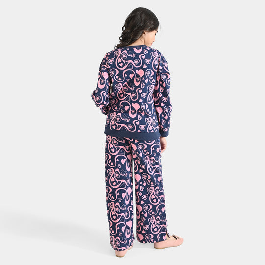 Girls Cotton Terry 2 Piece Suit Hearts) - Navy Blue