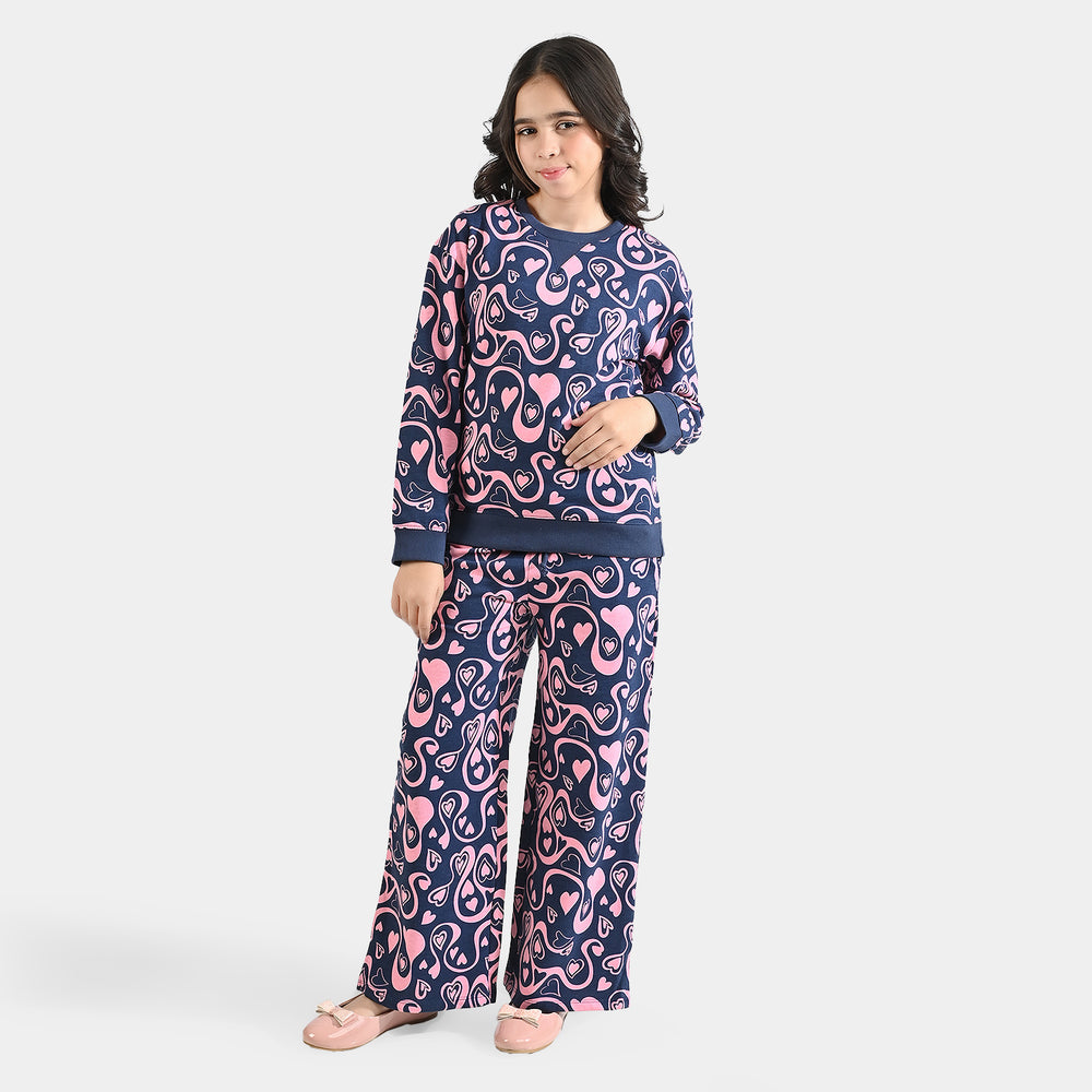 Girls Cotton Terry 2 Piece Suit Hearts) - Navy Blue