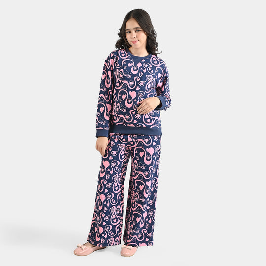 Girls Cotton Terry 2 Piece Suit Hearts) - Navy Blue