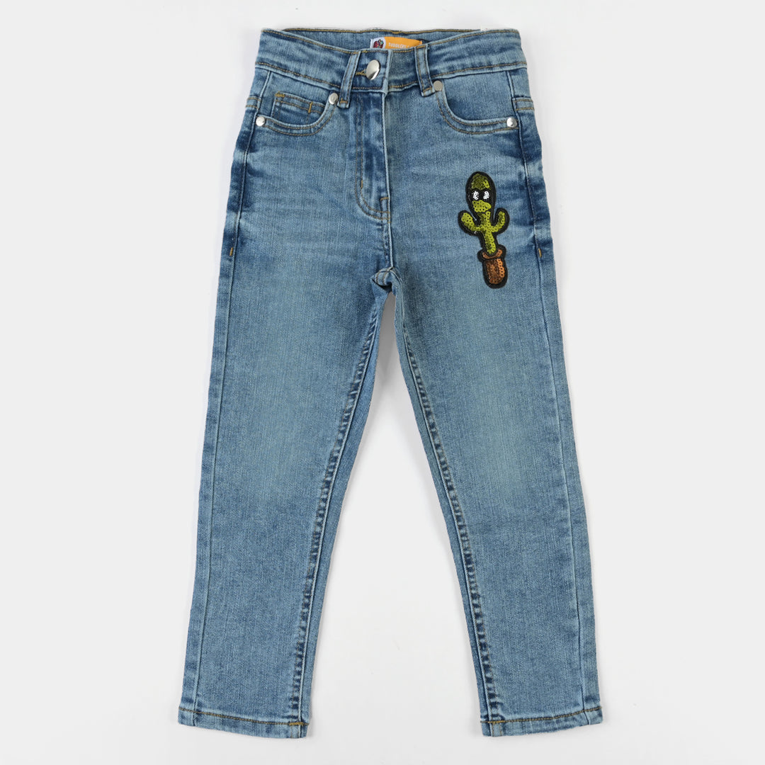 Girls Denim Pant Cute Cactus-LIGHT BLUE