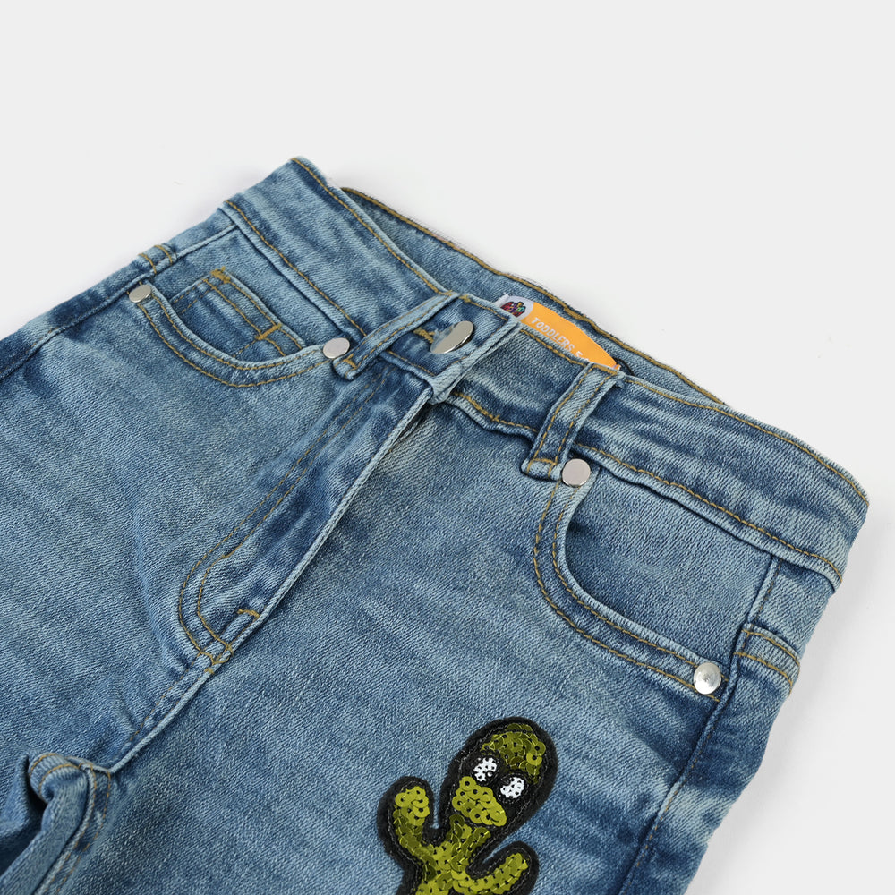 Girls Denim Pant Cute Cactus-LIGHT BLUE