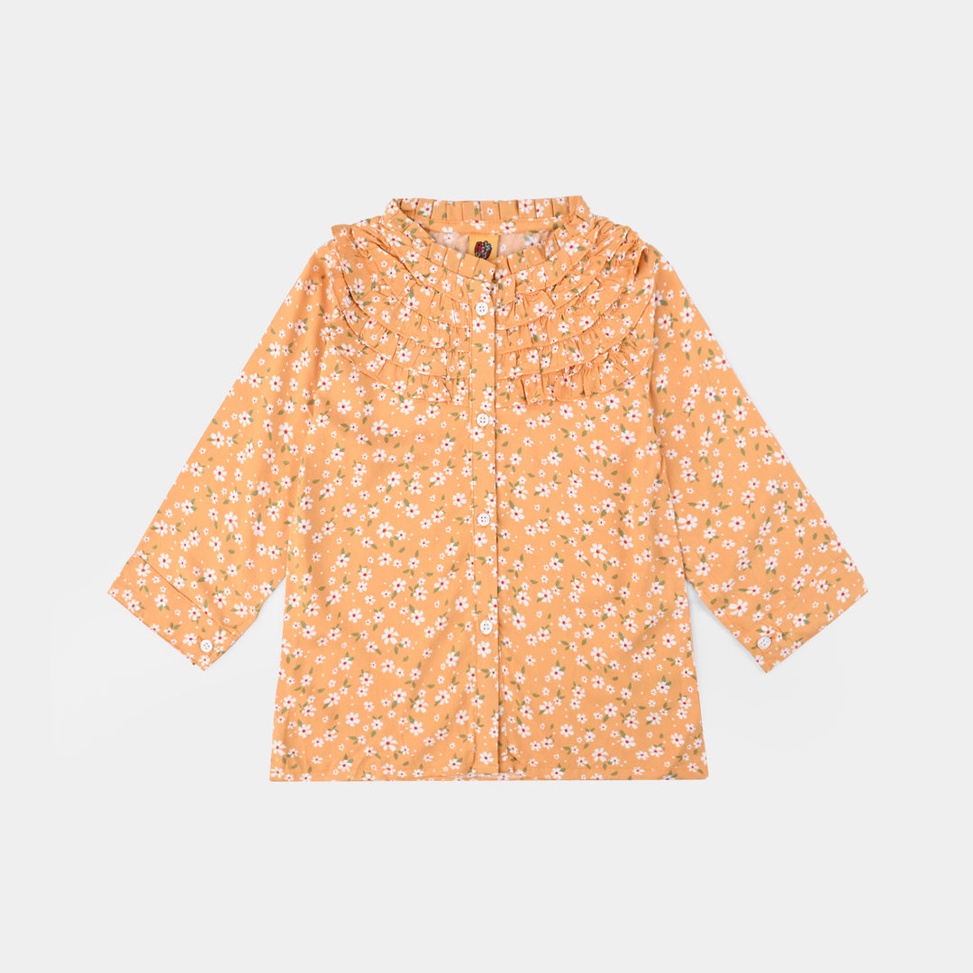 Girls Viscose Printed Top-Mustard