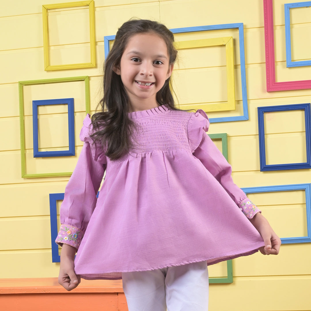 Girls Cotton EMB Top Let It Bloom-Purple