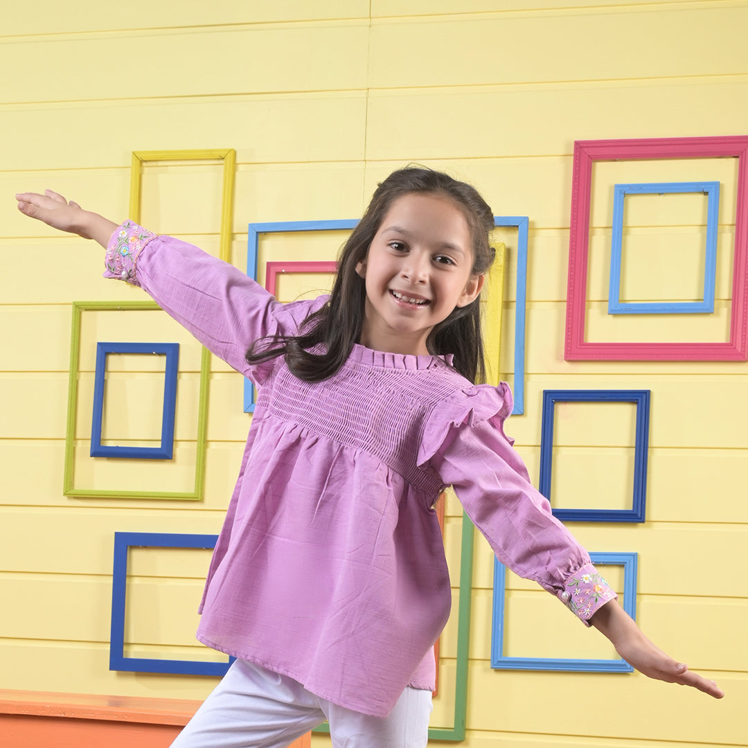 Girls Cotton EMB Top Let It Bloom-Purple