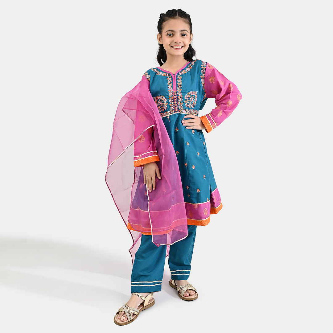 Girls poly cambric Fancy 3Pcs - Teal blue