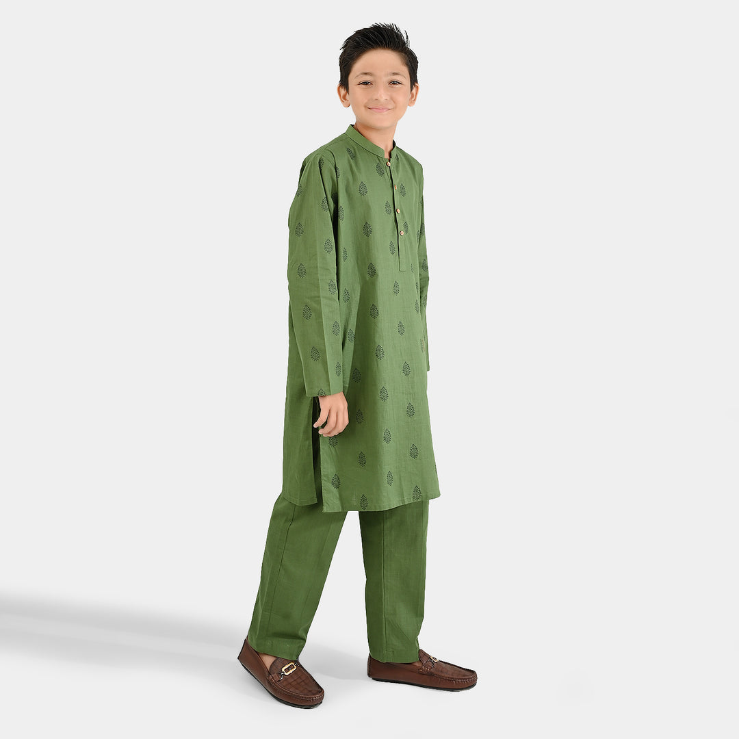 Boys Cotton Slub Kurta Pajama (Elm Green) - GREEN