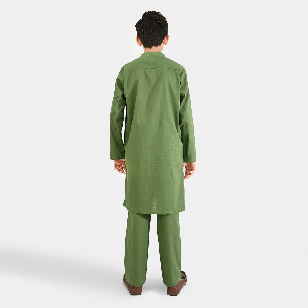 Boys Cotton Slub Kurta Pajama (Elm Green) - GREEN