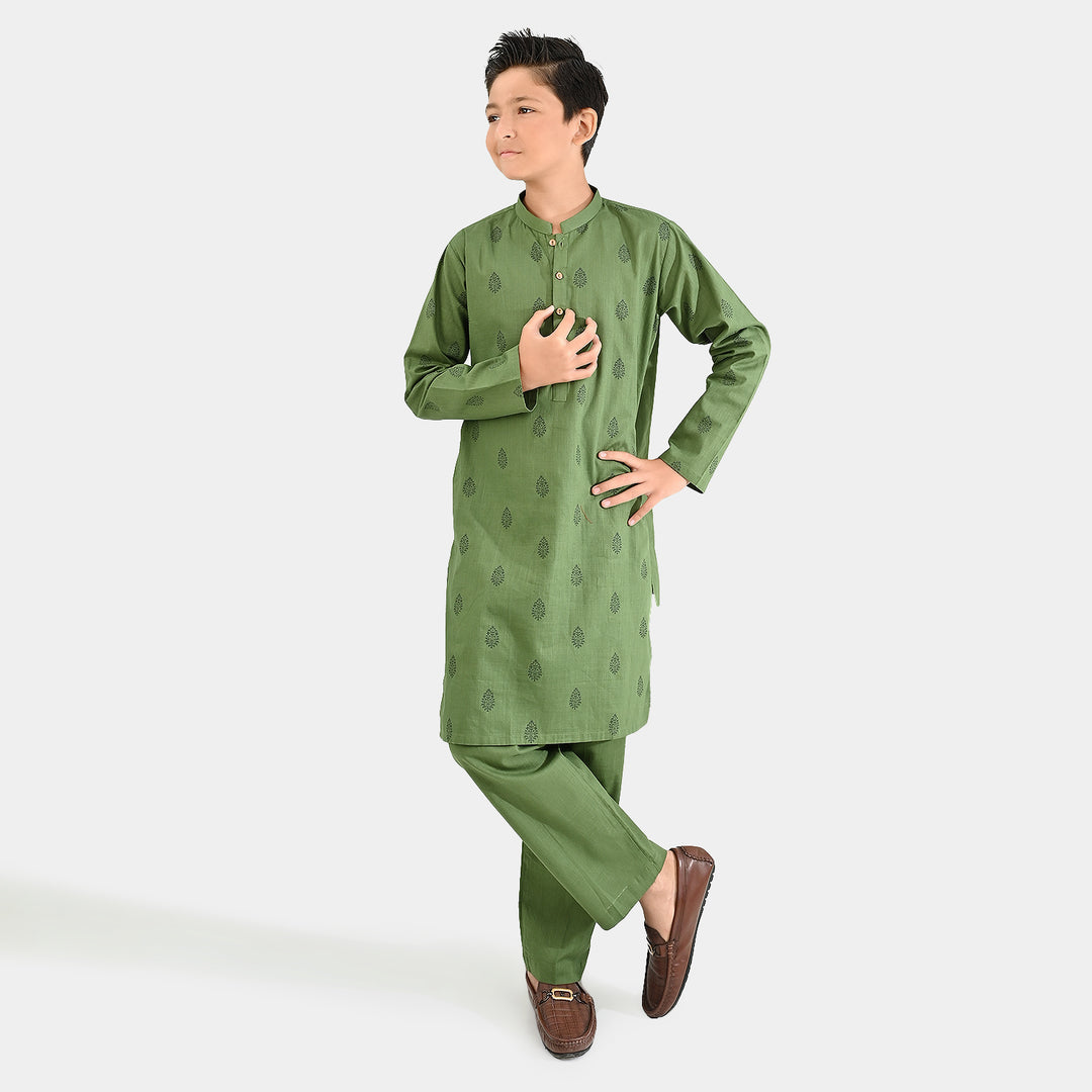Boys Cotton Slub Kurta Pajama (Elm Green) - GREEN
