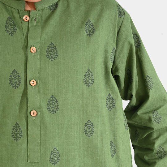 Boys Cotton Slub Kurta Pajama (Elm Green) - GREEN