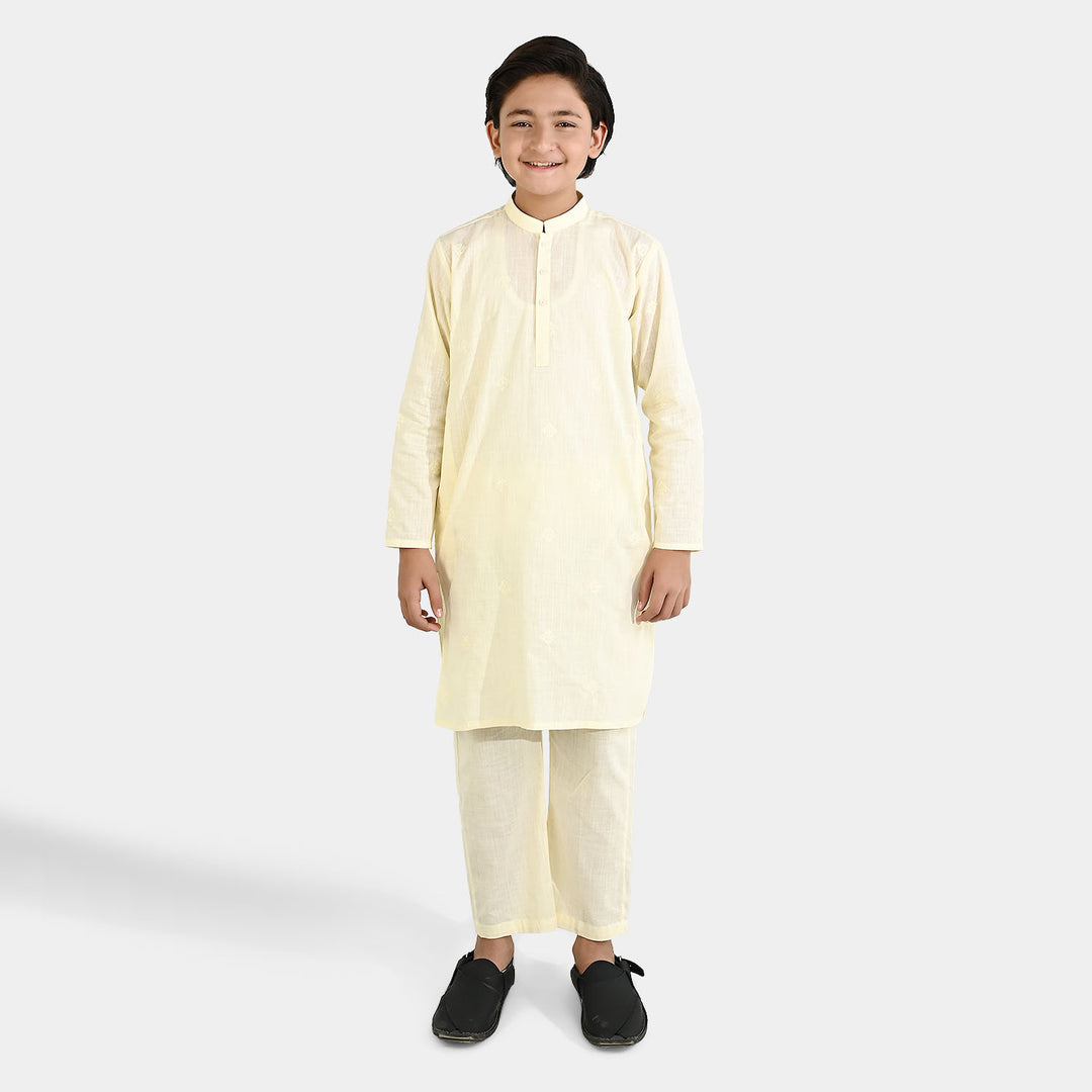 Boys Cotton Slub Kurta Pajama - Lemon/Yellow