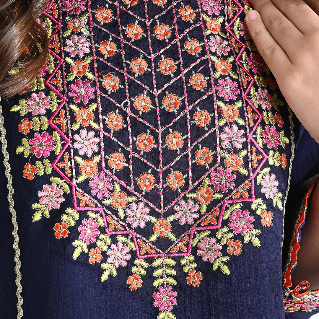 Girls Chiffon 3PC Suit Gul-e-Jahaan-Navy Blue