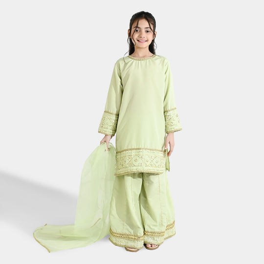 Teens Girls Raw Silk 3-Piece Set (Jahan Ara) - Pista Green