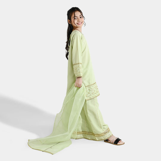 Teens Girls Raw Silk 3-Piece Set (Jahan Ara) - Pista Green