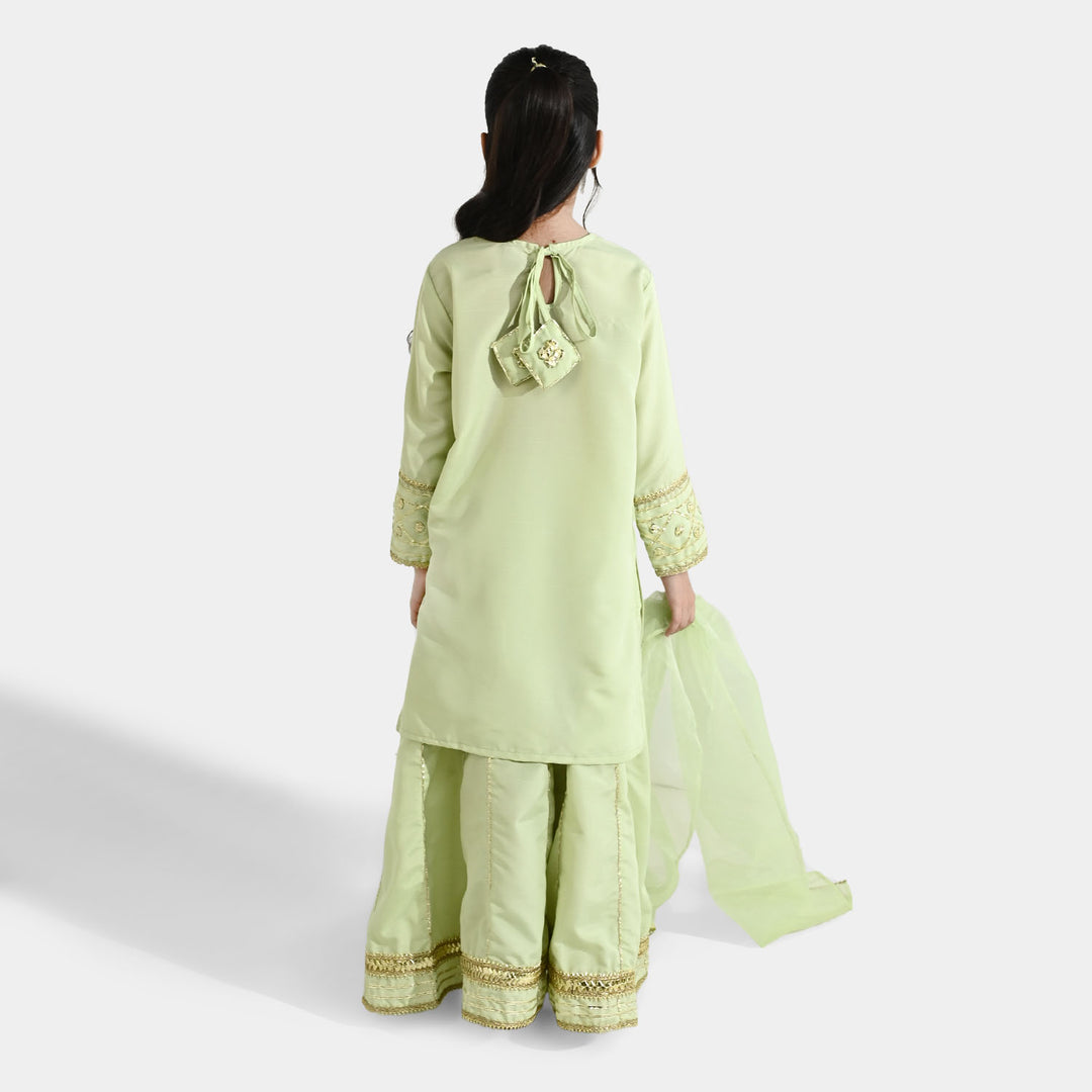 Teens Girls Raw Silk 3-Piece Set (Jahan Ara) - Pista Green