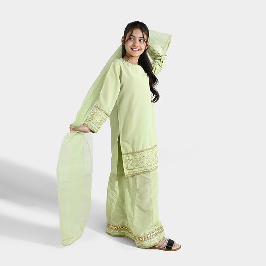 Teens Girls Raw Silk 3-Piece Set (Jahan Ara) - Pista Green