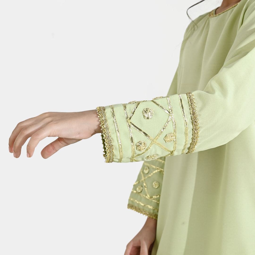Teens Girls Raw Silk 3-Piece Set (Jahan Ara) - Pista Green
