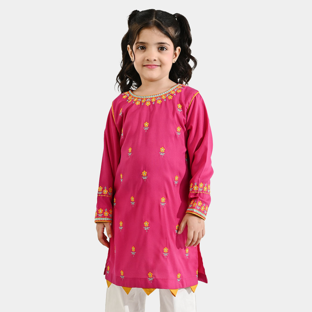 Girls Poly Cambric Embroidered Kurti Pari Noor - Shocking Pink