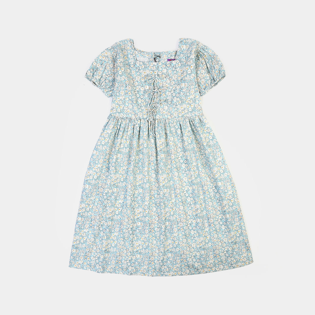 Girls Cotton Printed Frock Chintz-Blue