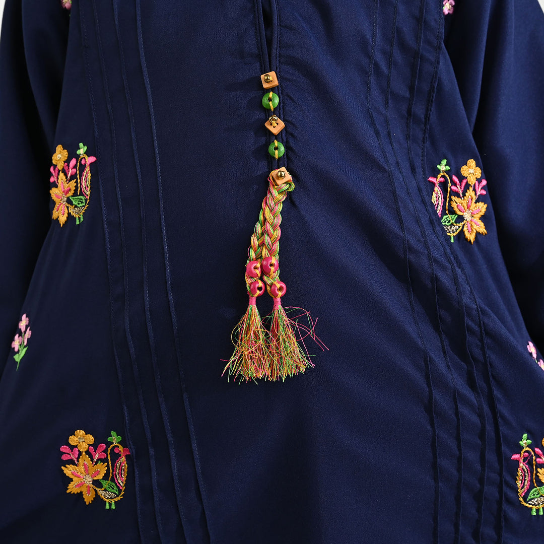 Girls Poly Cambric Embroidered Kurti (Dira E-Noor) - Navy Blue