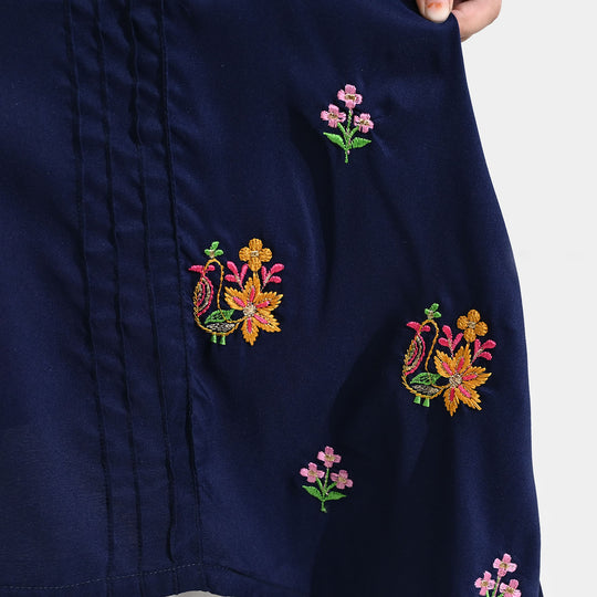 Girls Poly Cambric Embroidered Kurti (Dira E-Noor) - Navy Blue