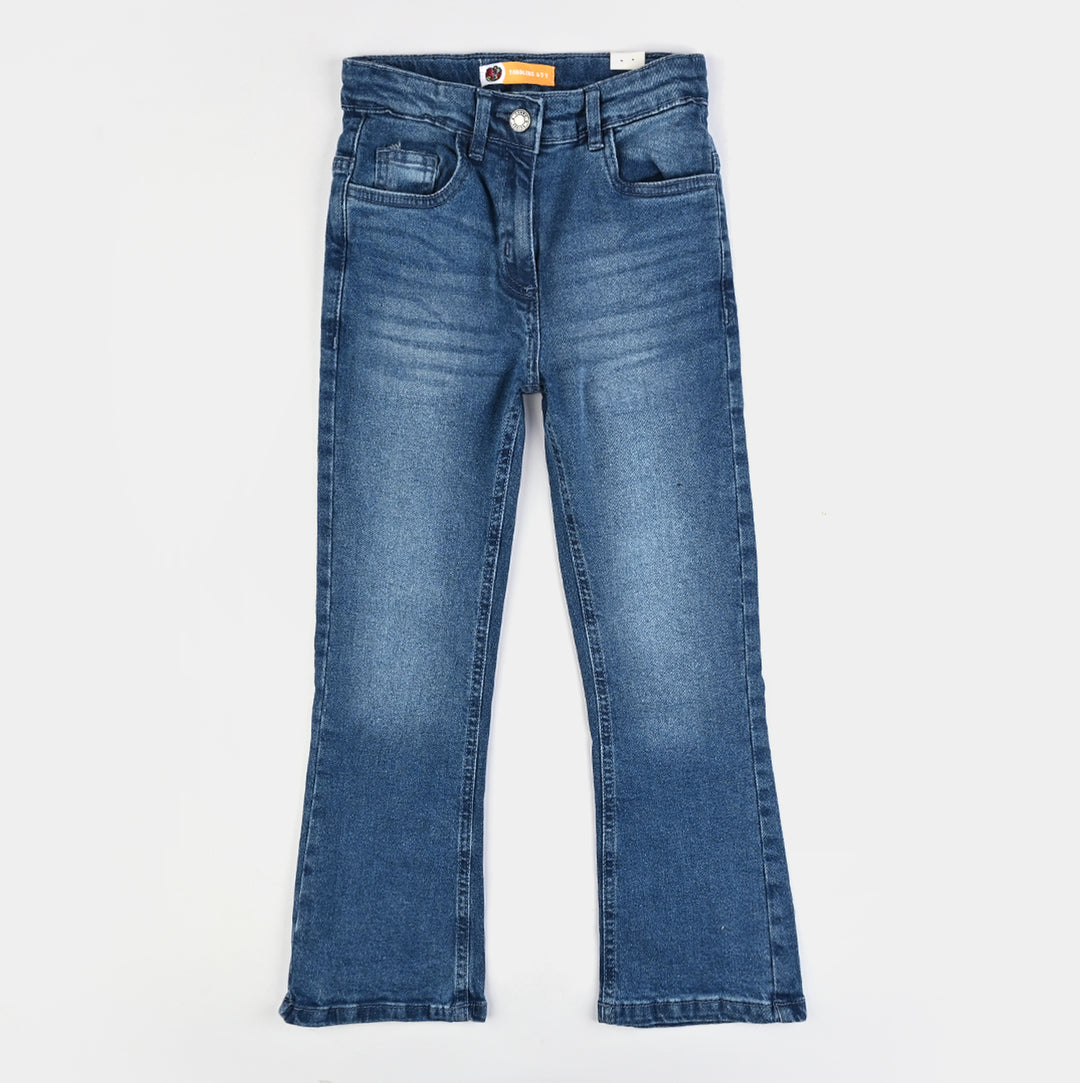 Girls Denim Stretch Pant Basic Flared Fit-Mid Blue